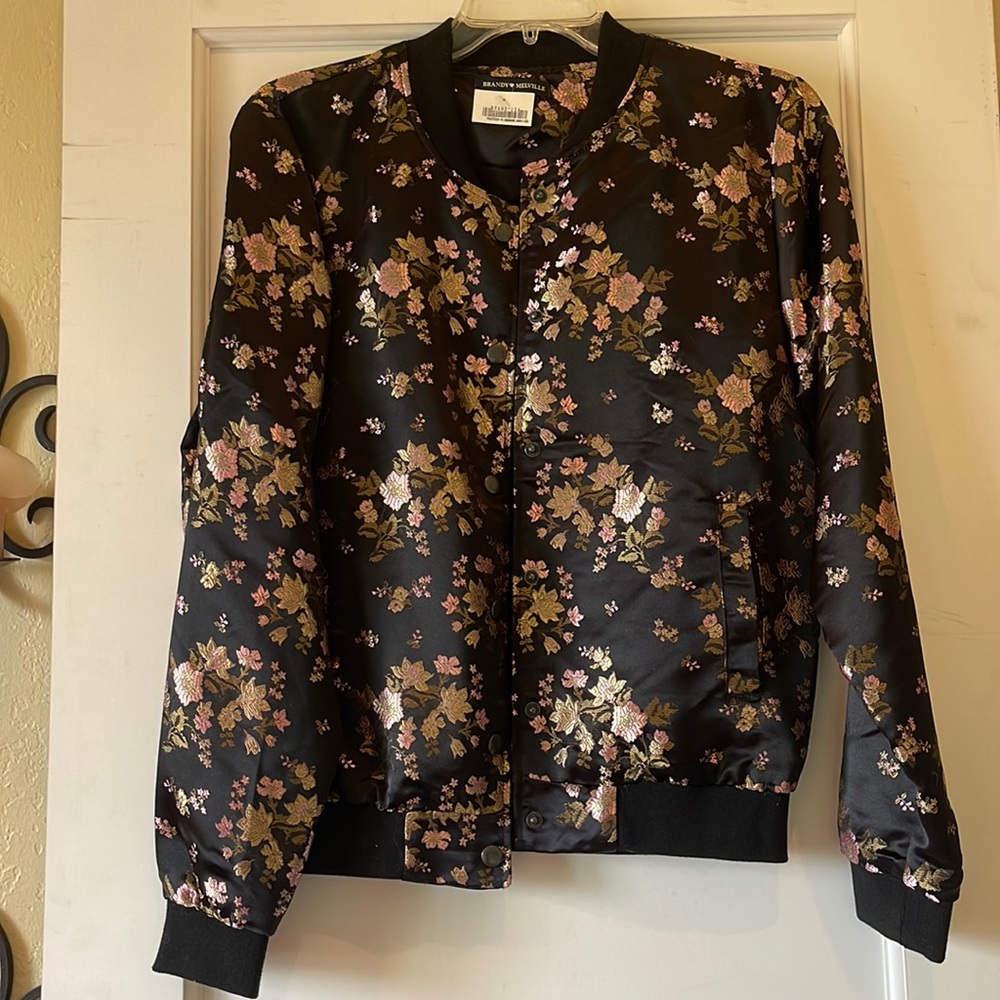 Silk black bomber with pink and gold floral pattern
